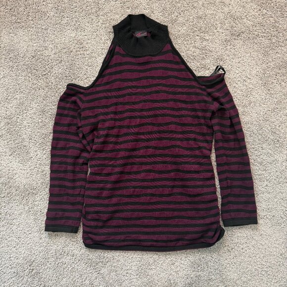 Torrid Sweater Black Purple Striped Pullover Mock Neck Cold Shoulder Ruche Sz 2 - Picture 5 of 5